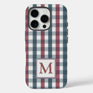 Coque iPhone 16 Pro Monogramme en plaid rouge, blanc et bleu