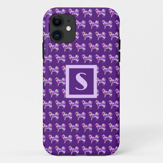 Coques Case-Mate iPhone Monogramme en silhouette violette de chien mou Sam (Dos)