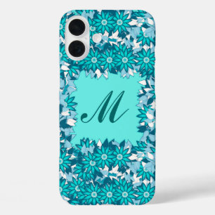 Coques iPhone 16 Plus Monogramme encadré de fleurs - bleu et blanc