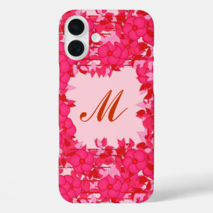 Coques iPhone 16 Plus Monogramme encadré de fleurs - fuchsia et rose