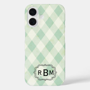 Coque Pour iPhone 16 Monogramme encadré sur motif vichy vert et blanc