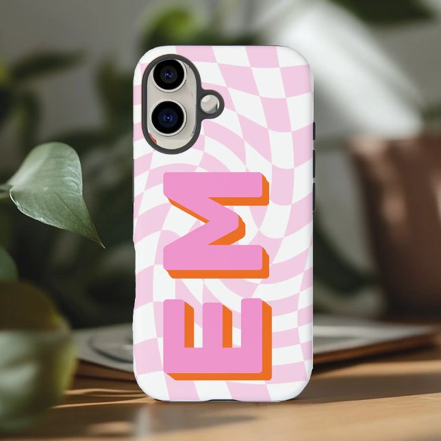 Coques Case-Mate iPhone Monogramme esthétique du tableau de contrôle rétro (Pink Aesthetic retro initials checkerboard pattern iphone 16 plus  case)