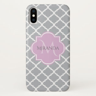 Coque iPhone X Monogramme et nom de la lavande de Quatrefoil gris