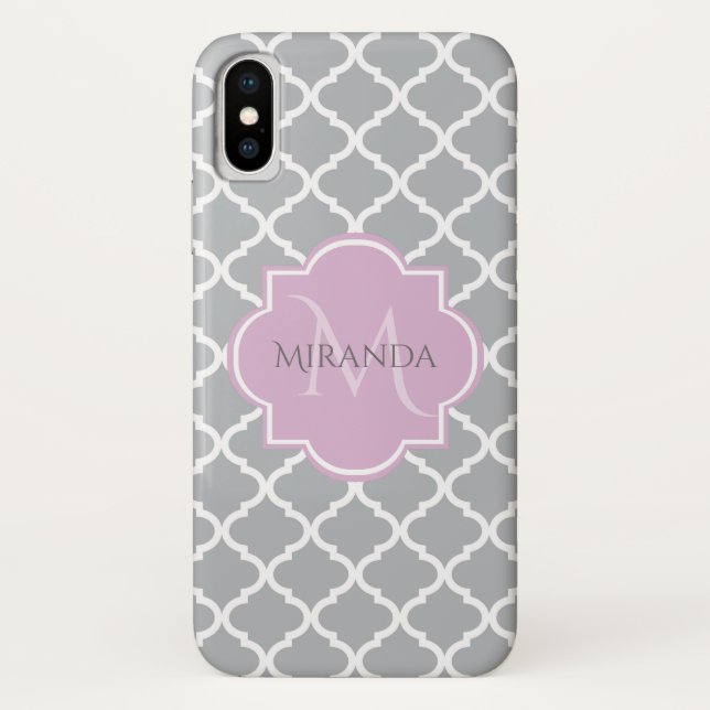 Coques Case-Mate iPhone Monogramme et nom de la lavande de Quatrefoil gris (Dos)
