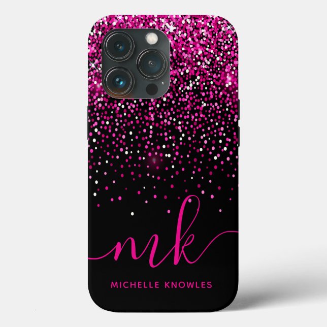 Coques Case-Mate iPhone Monogramme et nom Paillettes roses (Verso)