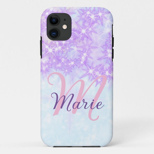 Coques Case-Mate iPhone Monogramme étoile pailleté rose violet ajouter let (Dos)