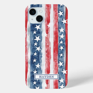 Coque Case-Mate iPhone Monogramme Étoiles et Bandes Aquarelle Patriotique