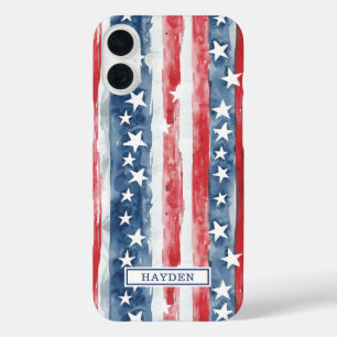 Coque Pour iPhone 16 Plus Monogramme Étoiles et Bandes Aquarelle Patriotique