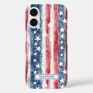 Coque Pour iPhone 16 Monogramme Étoiles et Bandes Aquarelle Patriotique