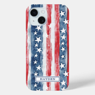 Coque Case-Mate iPhone Monogramme Étoiles et Bandes Aquarelle Patriotique