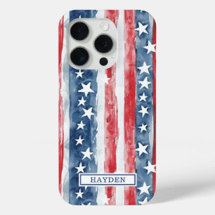 Coque Case-Mate iPhone Monogramme Étoiles et Bandes Aquarelle Patriotique