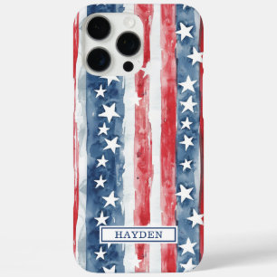 Coque iPhone 16 Pro Max Monogramme Étoiles et Bandes Aquarelle Patriotique