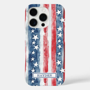 Coque iPhone 16 Pro Monogramme étoiles et bandes patriotiques à l'aqua