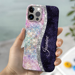 Coque Case-Mate iPhone monogramme faux paillettes argent violet iridescen