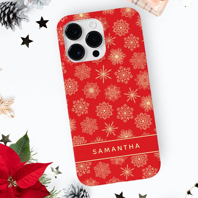 Coques Case-Mate iPhone Monogramme Festive Red Christmas Snowflakes (Créateur téléchargé)