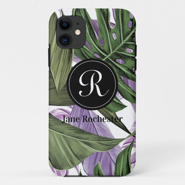 Coques Case-Mate iPhone Monogramme Feuille violet vert d'été tropical (Dos)