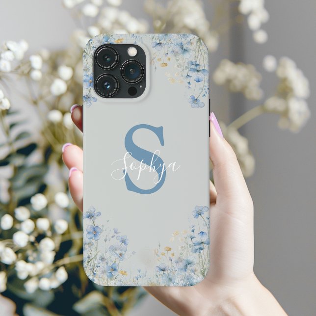 Coques Case-Mate iPhone Monogramme Fleur Bleue Personnalisé (Créateur téléchargé)