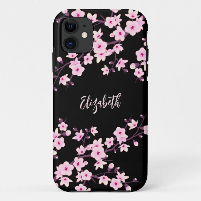 Coques Case-Mate iPhone Monogramme Fleur de Cerisier Noir Rose (Dos)