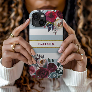 Coque Case-Mate iPhone Monogramme Fleurie Rayée Bohème Bleu Poussiéreux