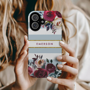 Coque Pour iPhone 16 Monogramme Fleurie Rayée Bohème Bleu Poussiéreux