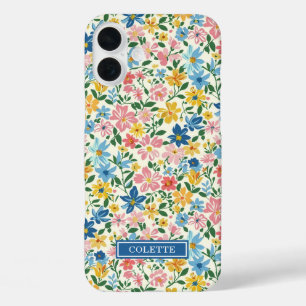 Coque Pour iPhone 16 Plus Monogramme Fleurs Ditsy Bleu et Jaune