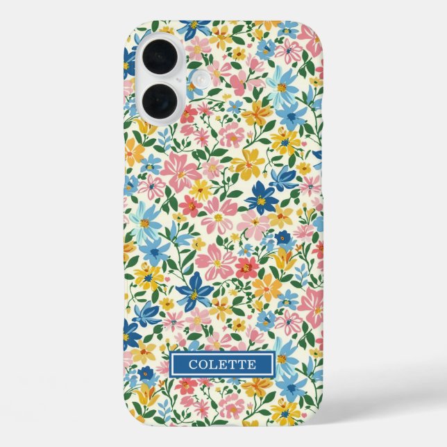 Coques Case-Mate iPhone Monogramme Fleurs Ditsy Bleu et Jaune (Verso)