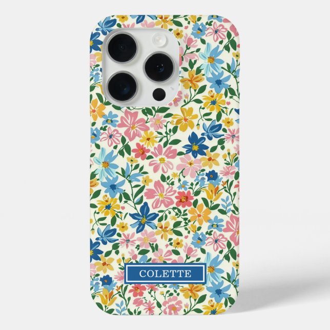 Coques Case-Mate iPhone Monogramme Fleurs Ditsy Bleu et Jaune (Verso)