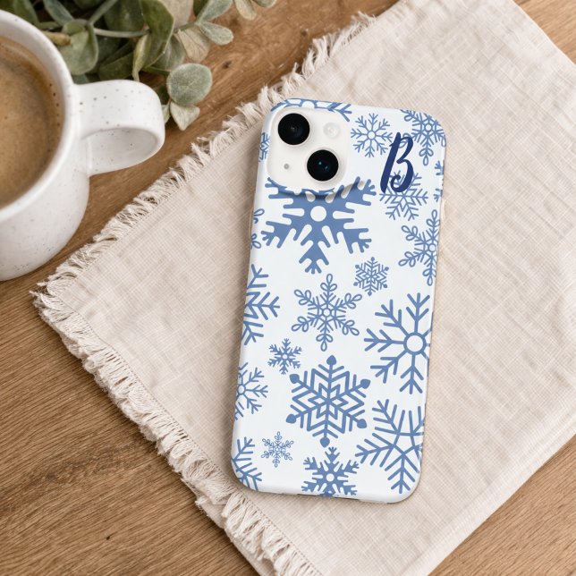 Coques Case-Mate iPhone Monogramme flocons de neige bleus modernes (Créateur téléchargé)