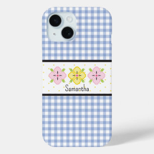 Coque Case-Mate iPhone Monogramme Floral à Carreaux Gingham Bleu