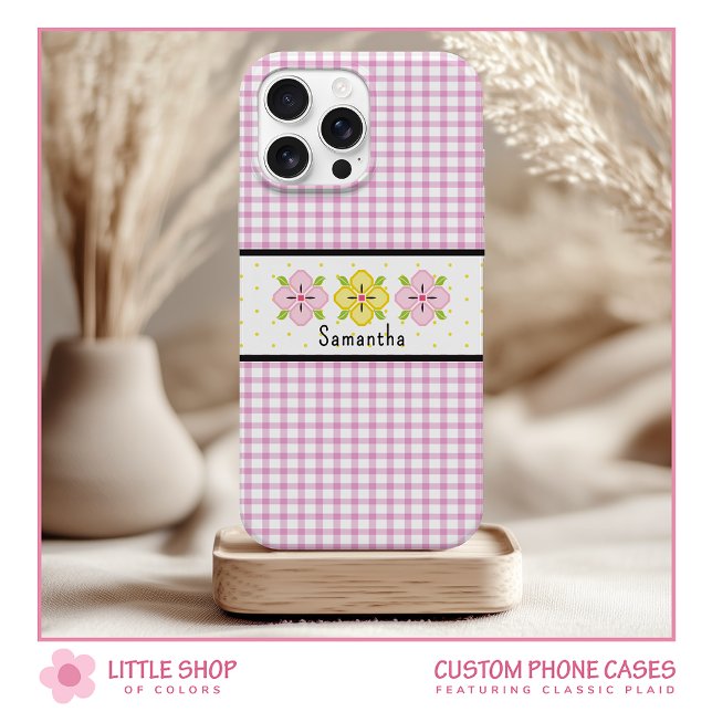 Coques Case-Mate iPhone Monogramme floral à carreaux roses (Créateur téléchargé)