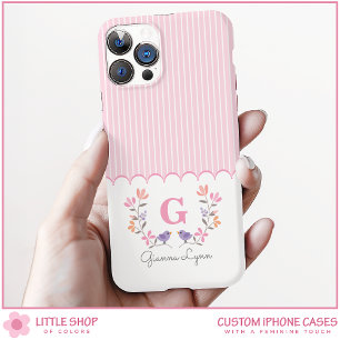 Coque Pour iPhone 16 Monogramme floral à rayures roses personnalisées
