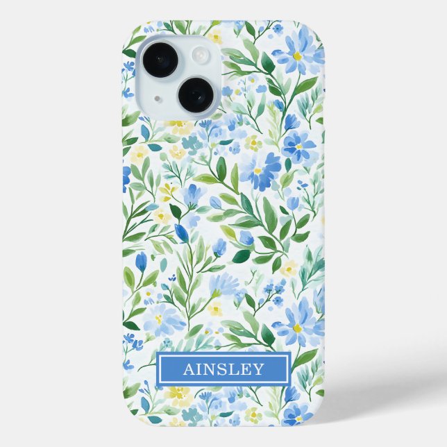 Coques Case-Mate iPhone Monogramme Floral Aquarelle Bleu (Verso)