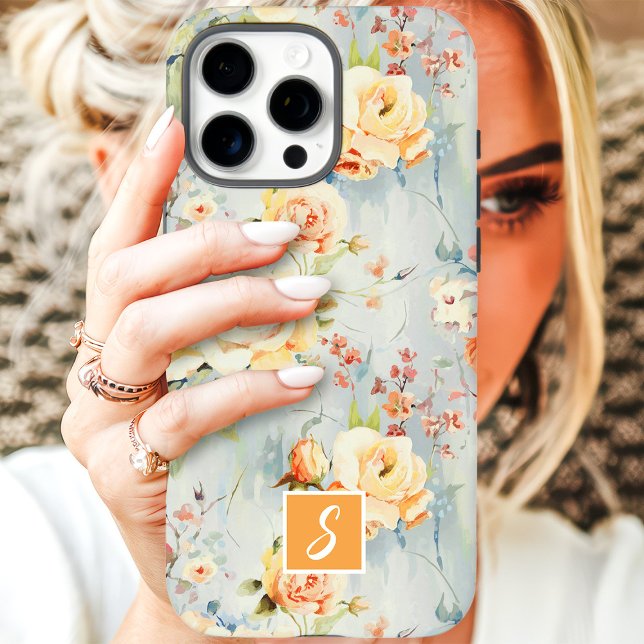 Coques Case-Mate iPhone Monogramme floral aquarelle jaune et pêche (Créateur téléchargé)