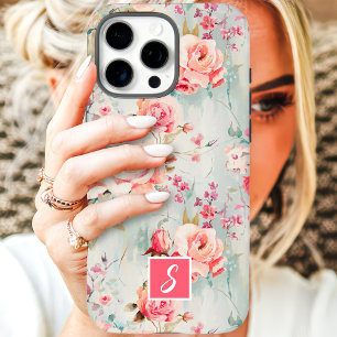 Coque iPhone 16 Pro Max Monogramme floral aquarelle rose et pêche