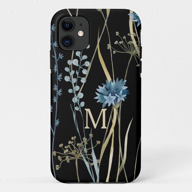 Coques Case-Mate iPhone Monogramme Floral Bleu et Or sur Noir (Dos)