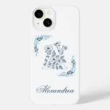 Monogramme floral bleu initial "A" calme