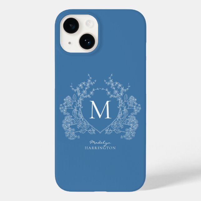 Coques Case-Mate iPhone Monogramme Floral Bleu Moderne (Verso)