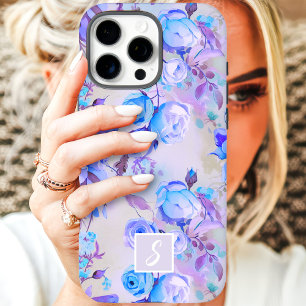 Coque iPhone 16 Pro Max Monogramme floral bleu vintage et lavande