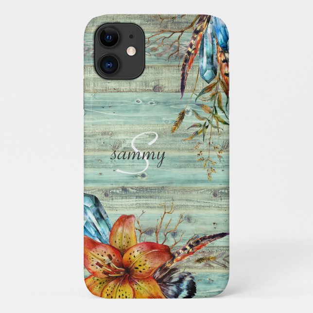 Coques Case-Mate iPhone Monogramme Floral Boho Bois Turquoise Occidental R (Dos)