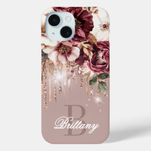 Coque Case-Mate iPhone Monogramme floral bordeaux aux gouttes d'or rose é