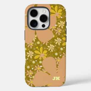 Coque iPhone 16 Pro Monogramme floral Brown et jaune rétro