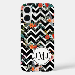 Coque Pour iPhone 16 Monogramme floral chevron noir et blanc