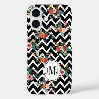 Coque Pour iPhone 16 Monogramme floral chevron noir et blanc 