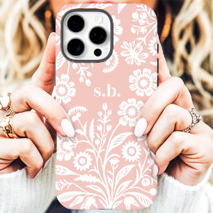 Coque iPhone 16 Pro Max Monogramme Floral Corail Doux Fleur Sauvage Rétro