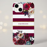Coque Case-Mate iPhone Monogramme floral de Boho Bourgogne et or<br><div class="desc">Caisses de téléphone monogrammed personnalisées avec votre nom ou autre texte. Ce design boho branché présente une bordure florale aquarelle aux couleurs d'automne rustiques sur un arrière - plan rayé bordeaux et blanc avec un faux accent de feuille d'or. Utilisez les outils de conception pour choisir une couleur arrière -...</div>