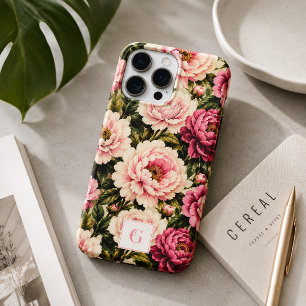 Coque iPhone 16 Pro Max Monogramme floral de pivoine rose vintage