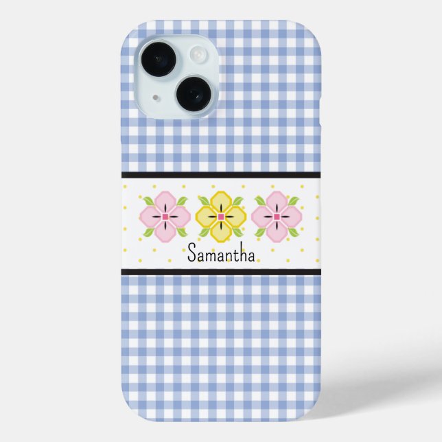 Coques Case-Mate iPhone Monogramme floral En vichy bleu (Verso)