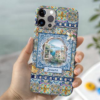 Coque Case-Mate iPhone monogramme floral italien été carreaux bleus citru