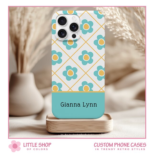 Coques Case-Mate iPhone Monogramme floral jaune aqua de style rétro (Créateur téléchargé)