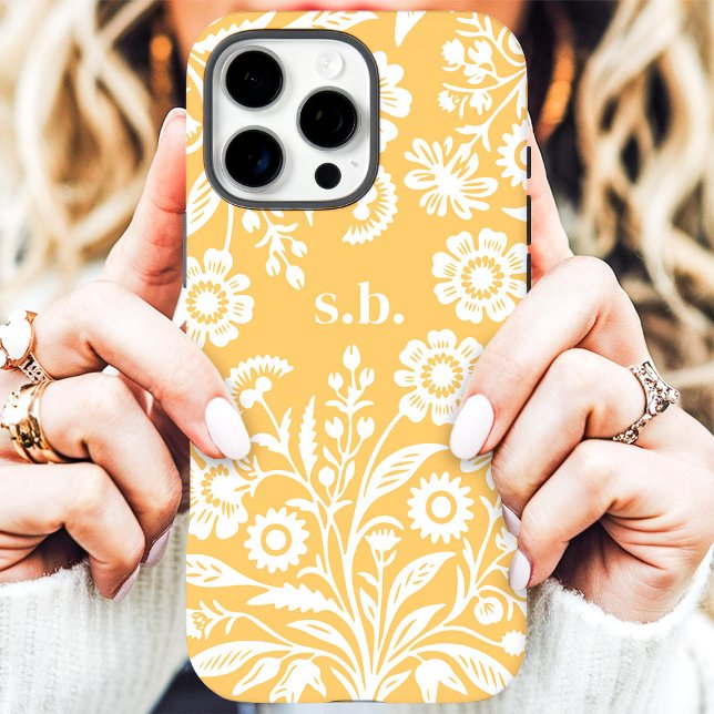 Coques Case-Mate iPhone Monogramme floral jaune de fleur sauvage rétro (Créateur téléchargé)